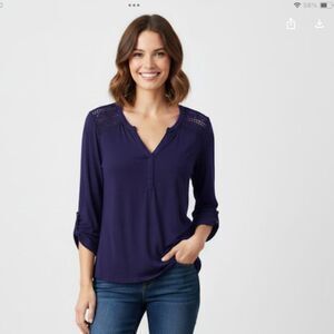 Cable & Gauge Henley Blouse Women's Large Crochet Royal Blue Roll Tab Rayon